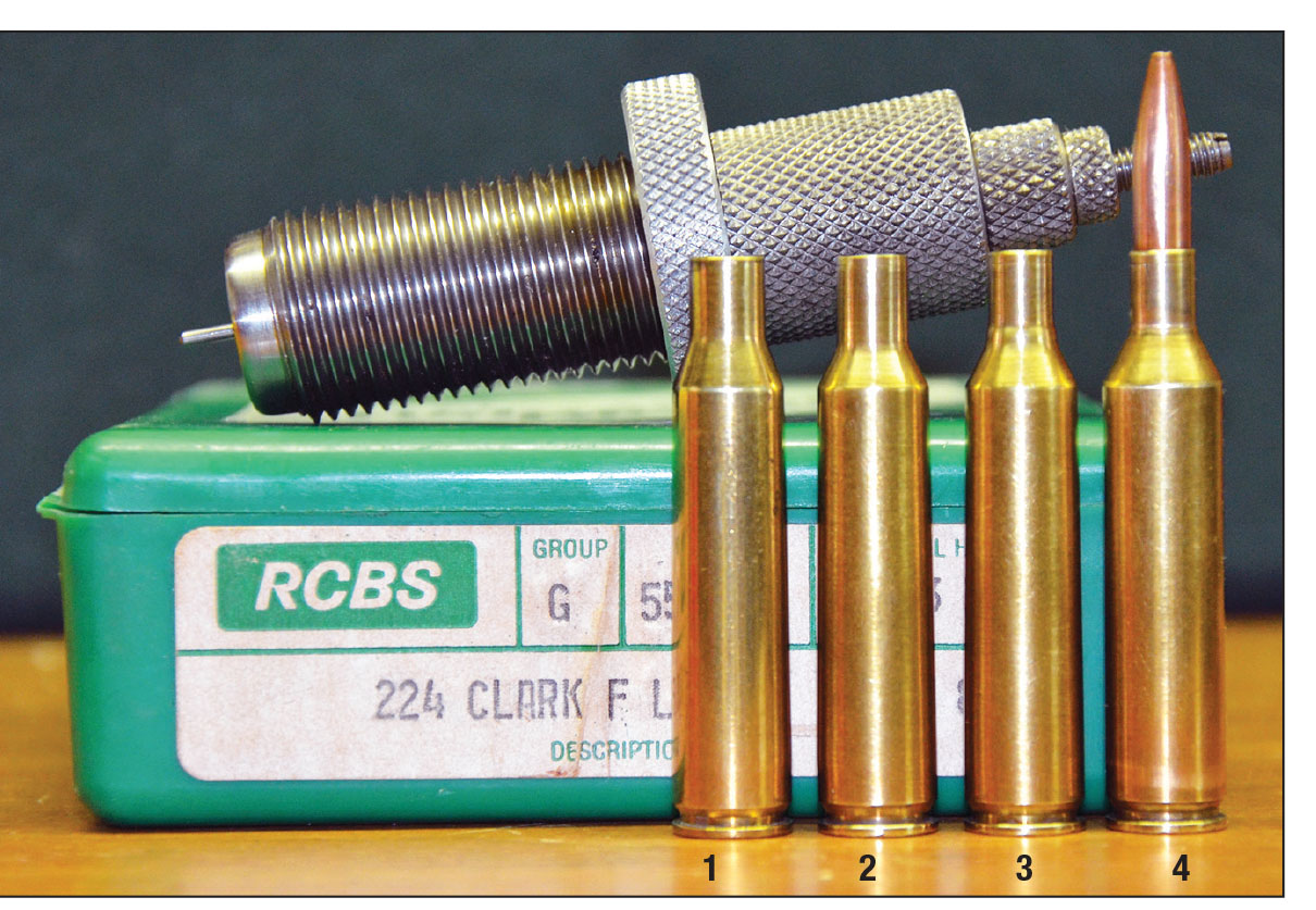 Due to their hardness, Ken Clark preferred to use Winchester .257 Roberts cases for forming his .224 Clark, but today, 6mm Remington cases work equally well. The (1) .257 Roberts case, (2) 6mm Remington case, (3) necked down to .22 caliber and (4) fireformed to the .224 Clark and loaded with the Clark 85-grain deer bullet.